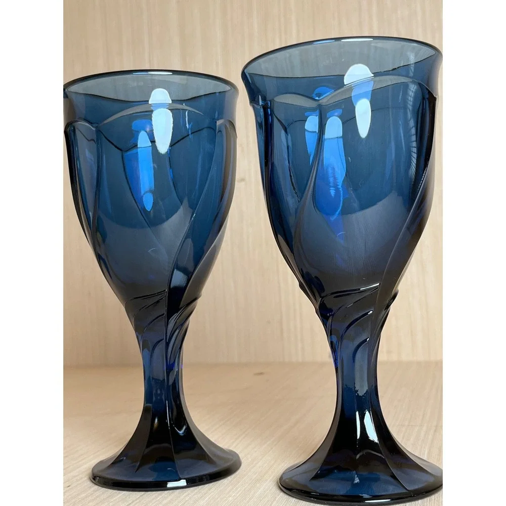 Vintage Cobalt Blue Glass Water Goblets Tulip Swirl Wine Glasses Set of 2 MCM
